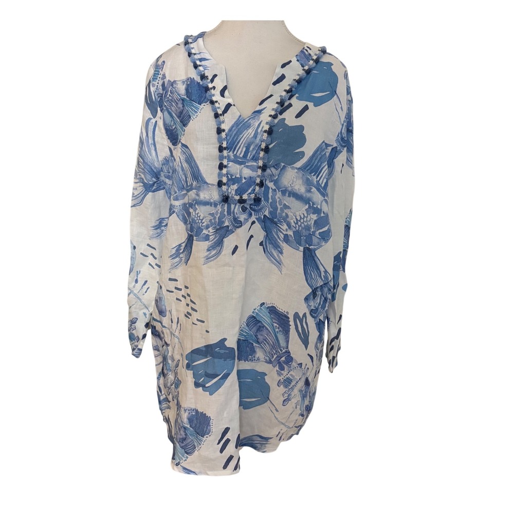 VILAGALLO Women's Blue Fish Print Linen Tunic Dress Cover Up‎ Size 46 Large